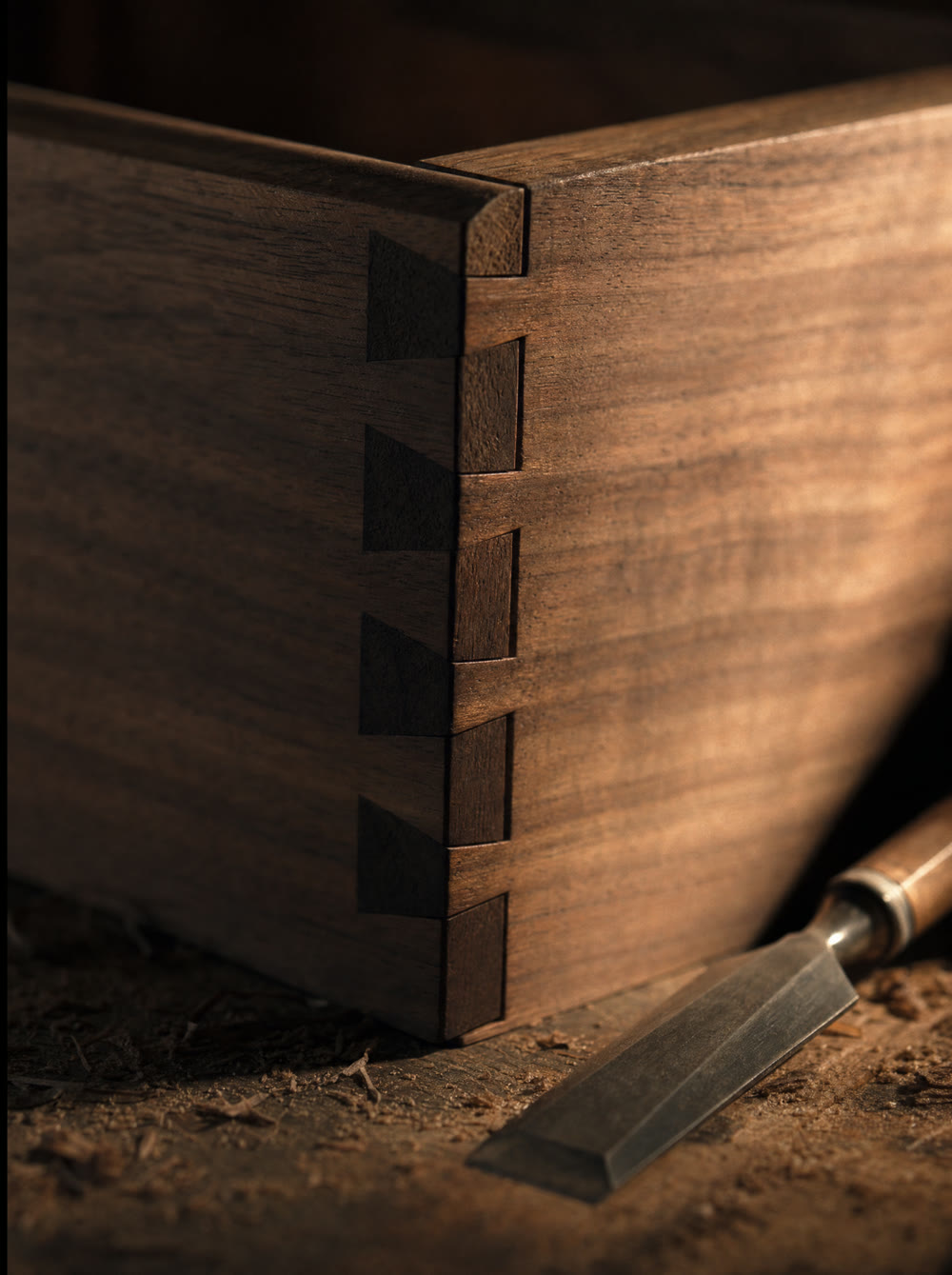 Hand-cut walnut dovetail joint