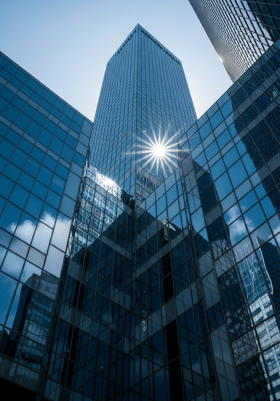 Glass skyscraper facade viewed from below