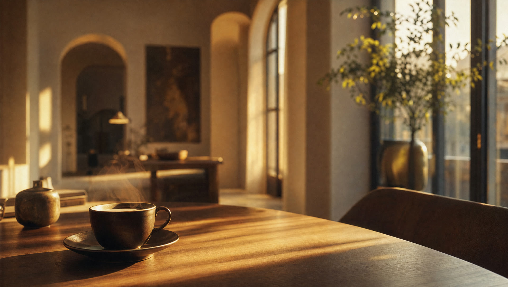 Warm golden morning light over a calm interior with coffee
