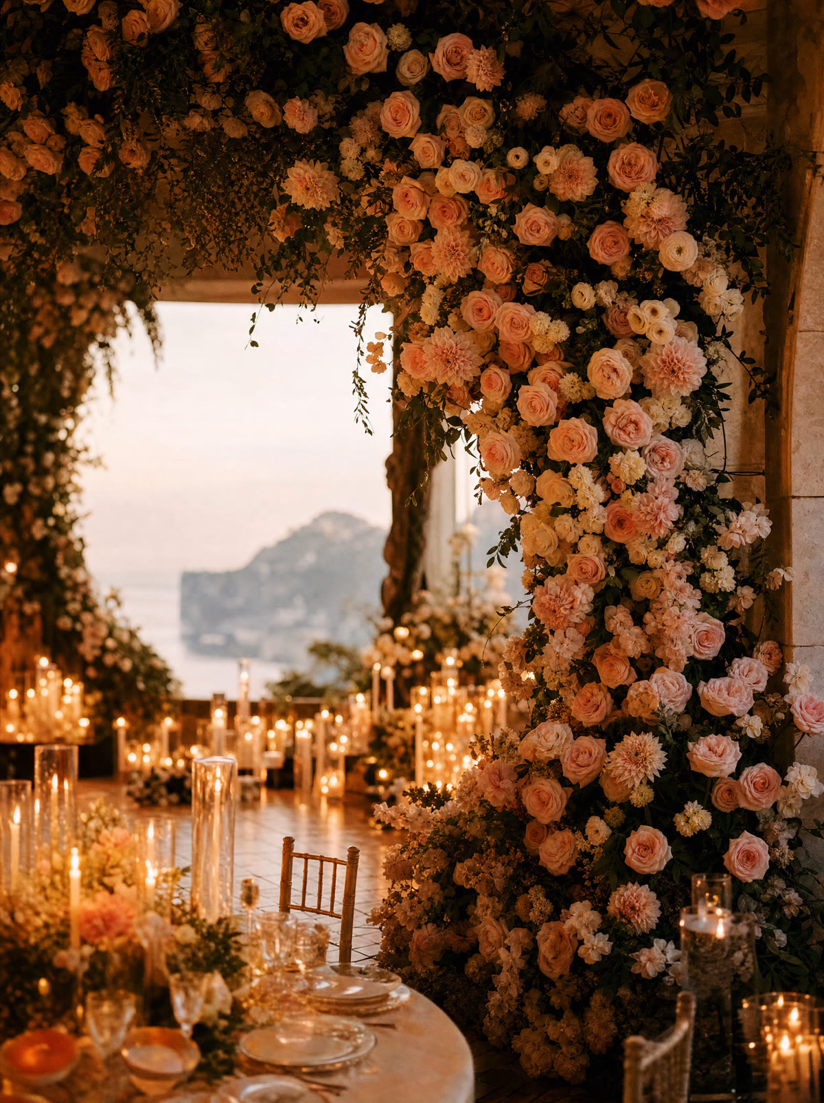 A floral arch over a candlelit coastal wedding reception at dusk