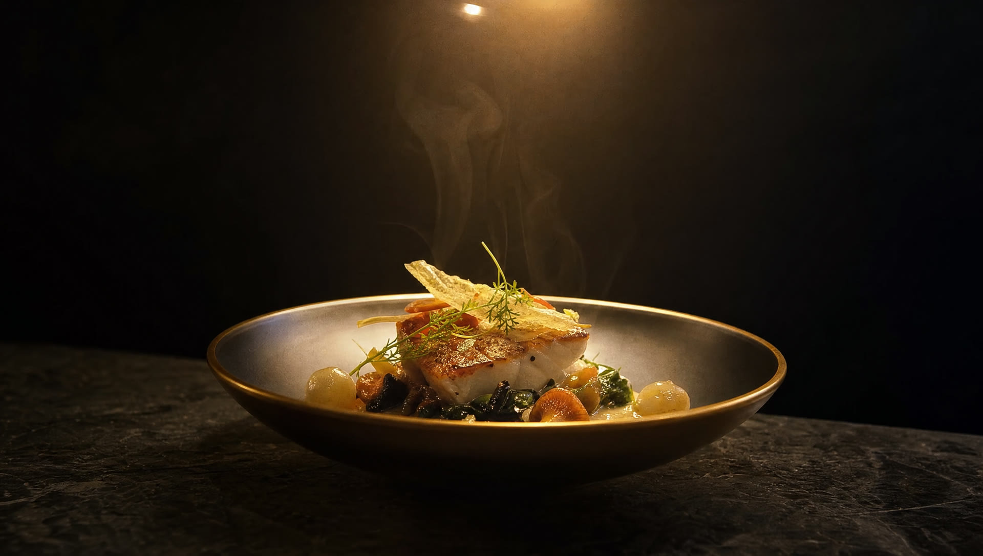 A plated dish under a single spotlight