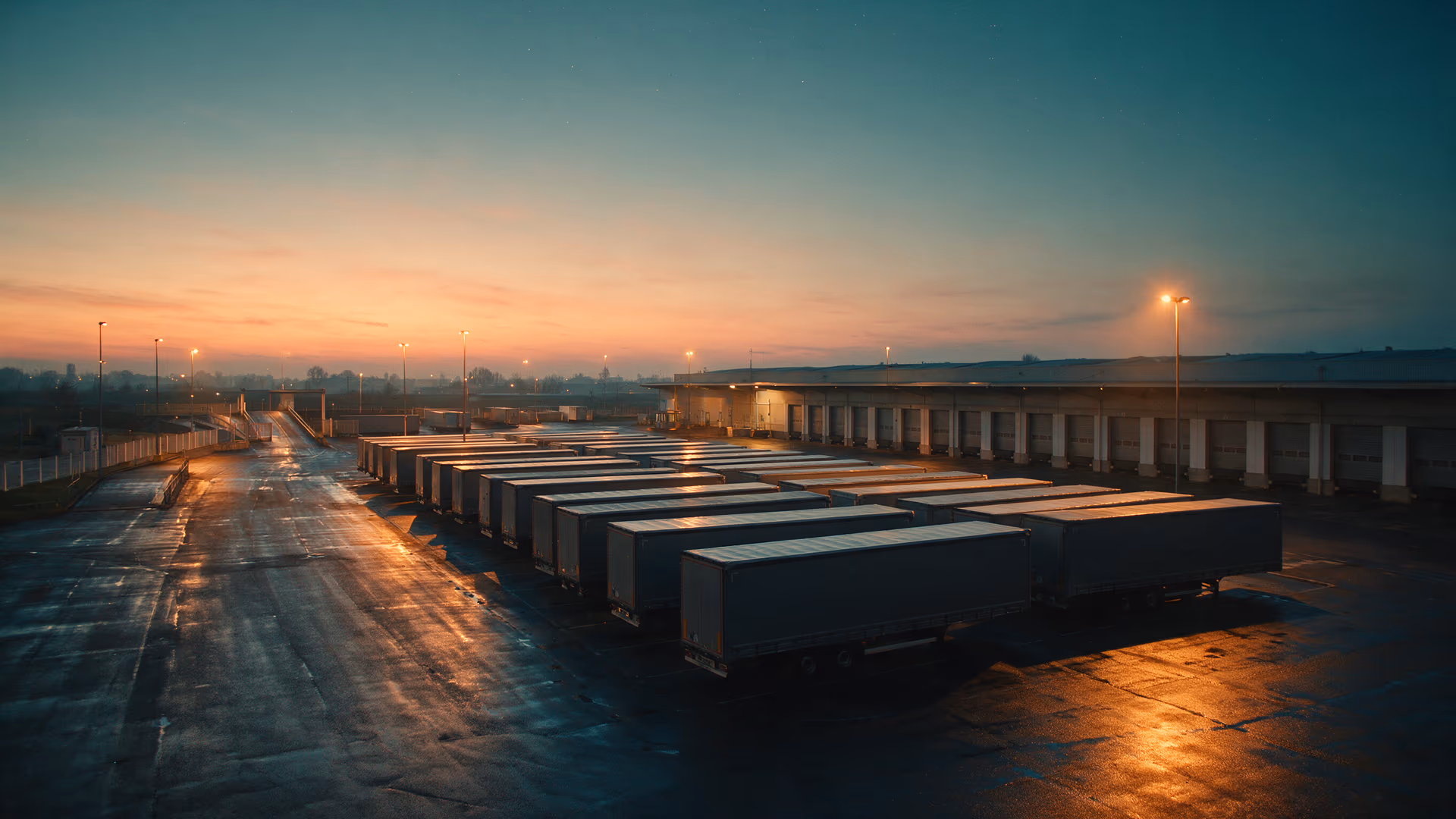 Distribution centre yard at sunrise