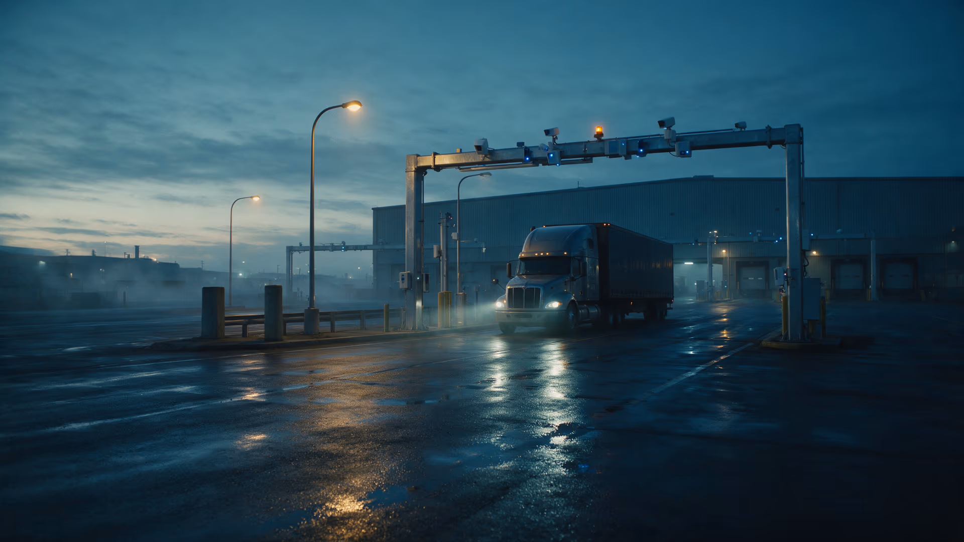 Automated freight yard entry gate at dawn