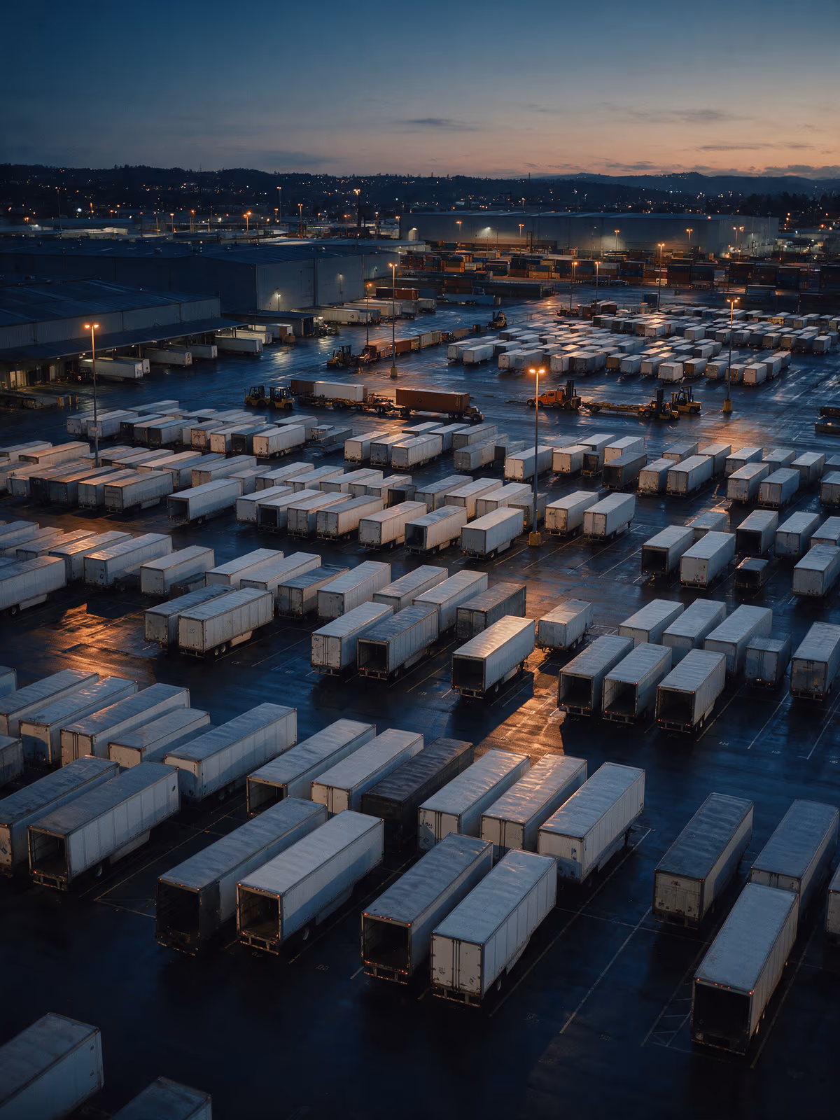Freight yard at dusk, trailers in ordered rows