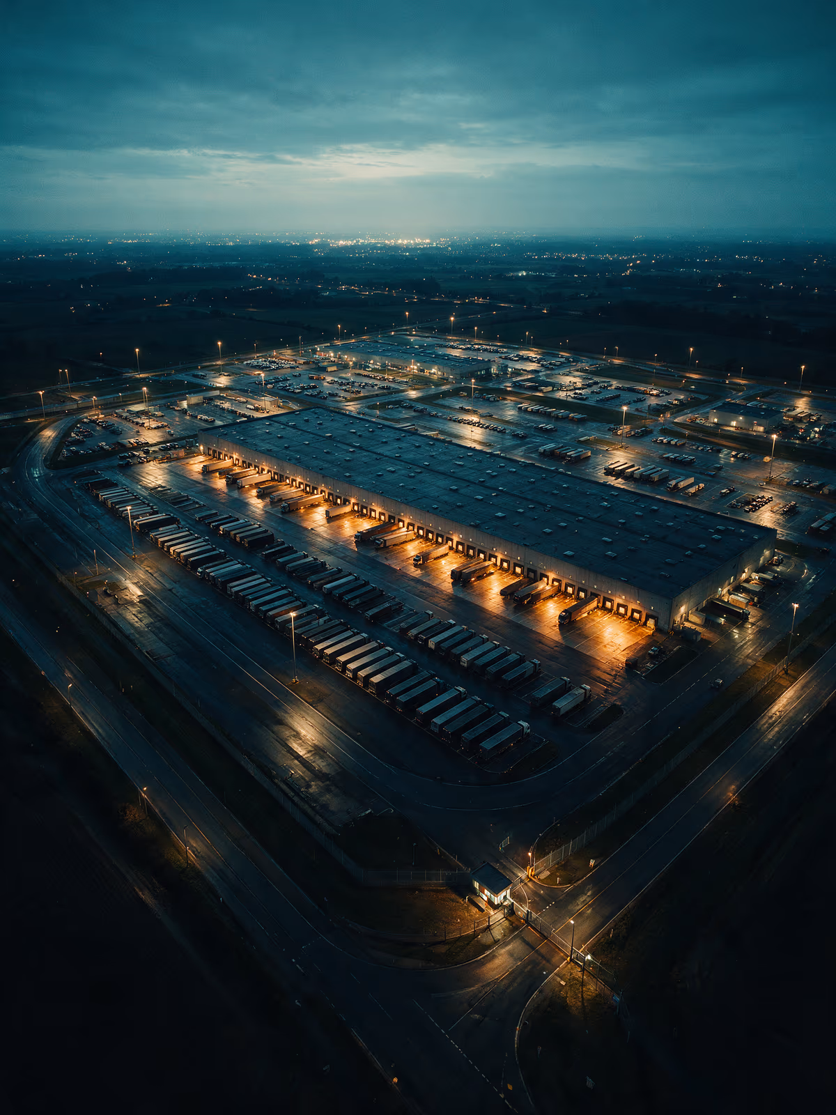 Aerial night view of a distribution campus