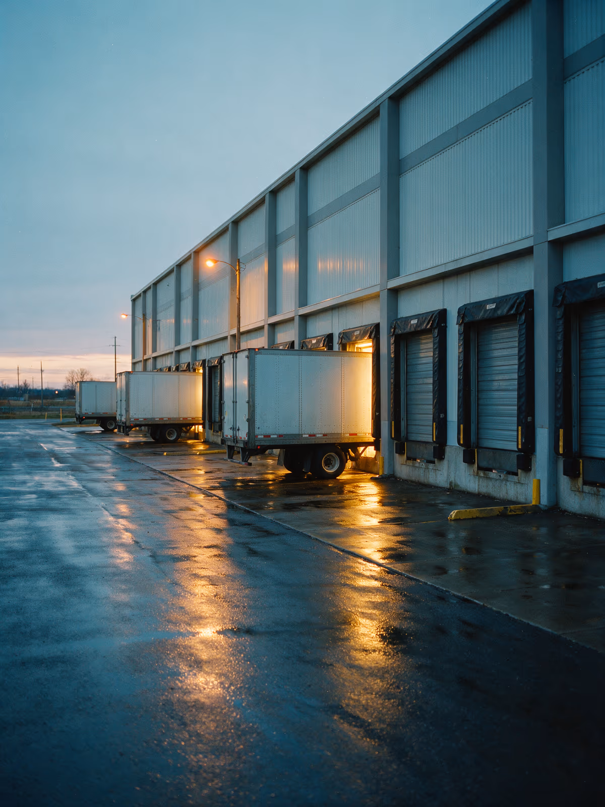 Warehouse loading dock doors at night