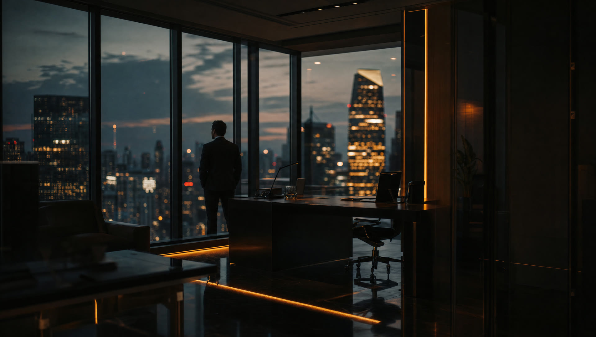 Executive office overlooking the city at dusk