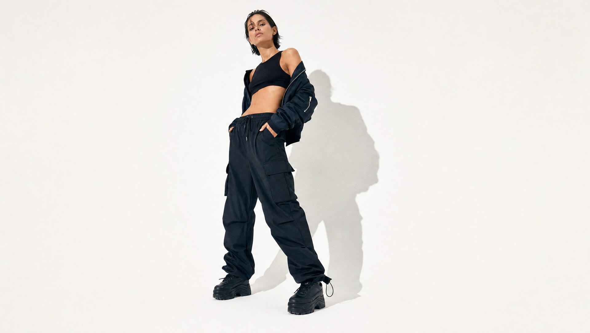 Model wearing bold contemporary streetwear