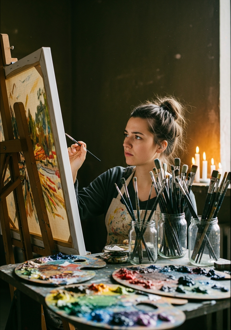 Woman painting in studio