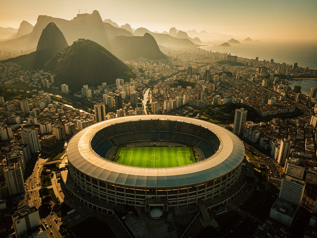 An iconic football stadium at golden hour