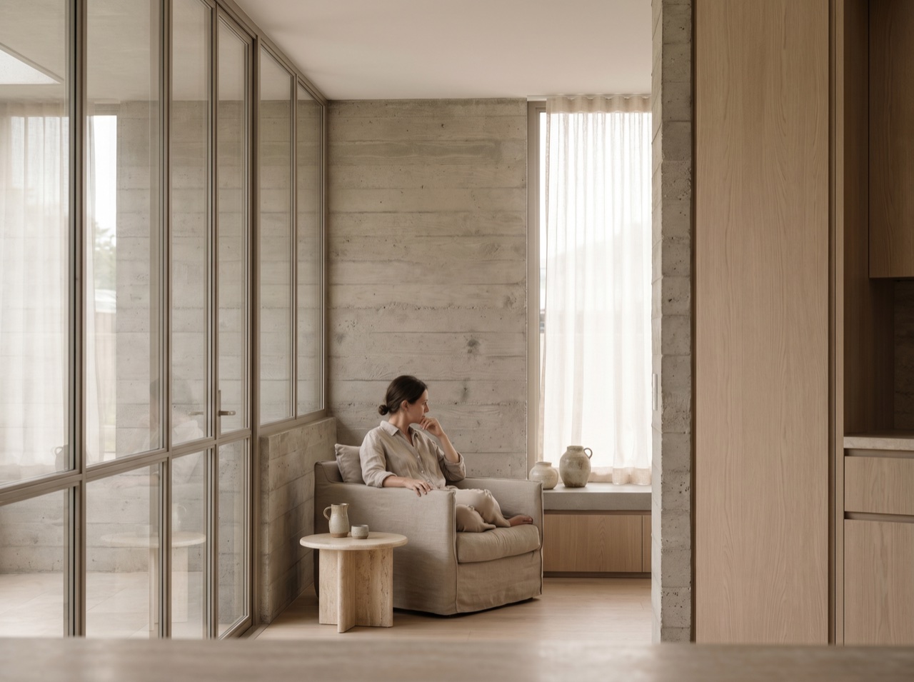 A concrete-and-glass interior with clean lines in natural light