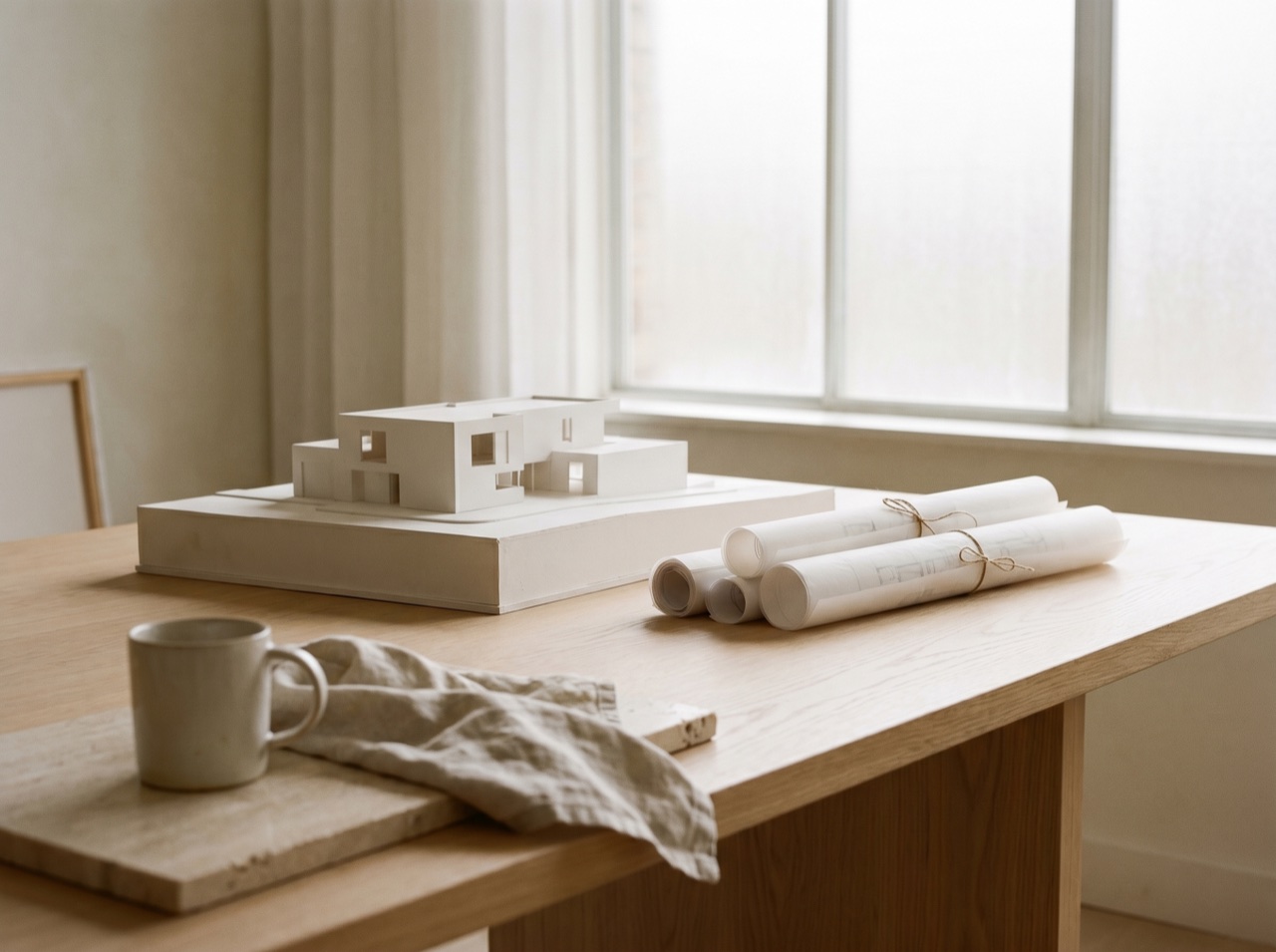 An architectural model and rolled drawings on a pale studio table