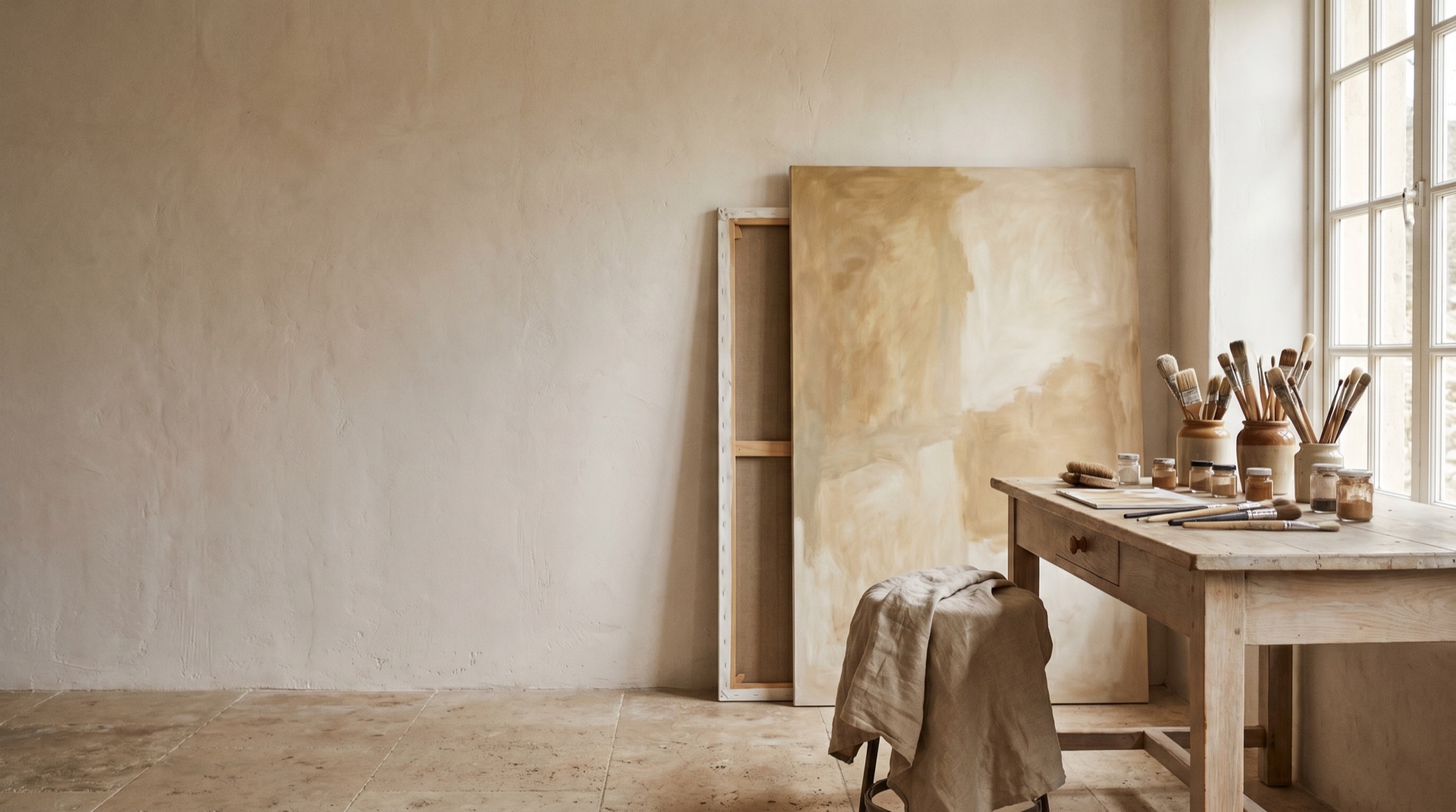 A serene artist's studio with a canvas and soft natural light