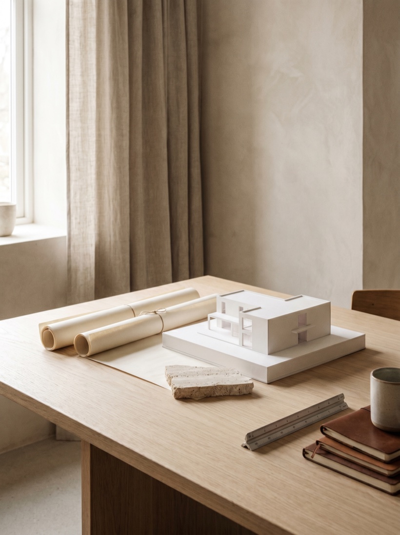 A clean architectural model beside drawings on a pale studio table