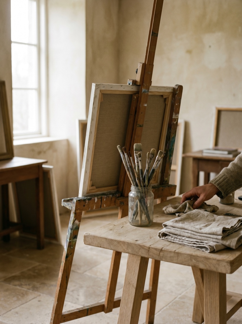 An artist's hand beside a canvas in a quiet light-filled studio