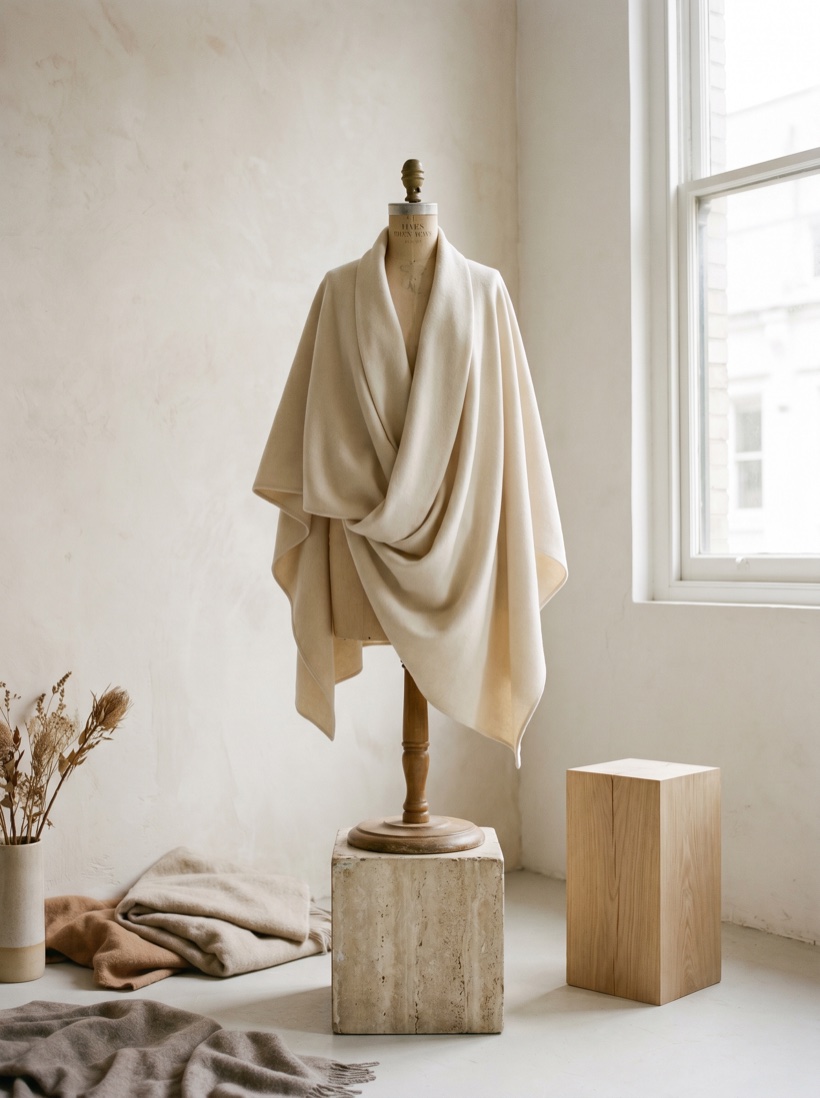 A draped garment on a form in a minimal sunlit fashion studio