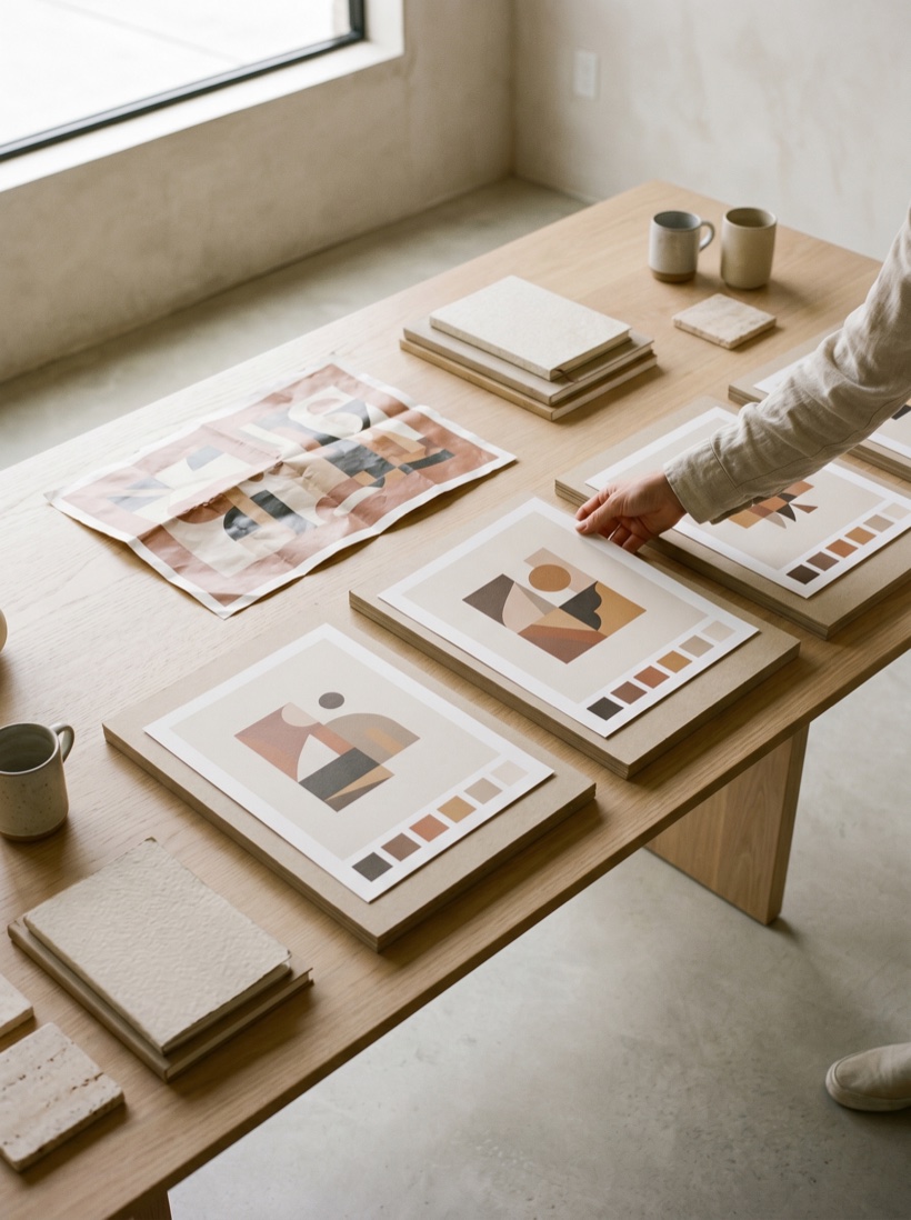 A designer reviewing printed brand boards on a clean studio table