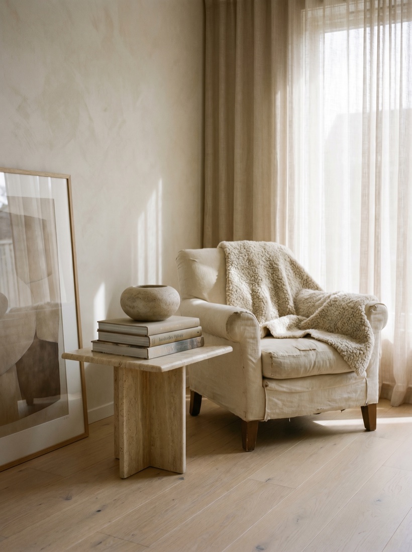 A serene interior with travertine, pale oak, and a single linen chair