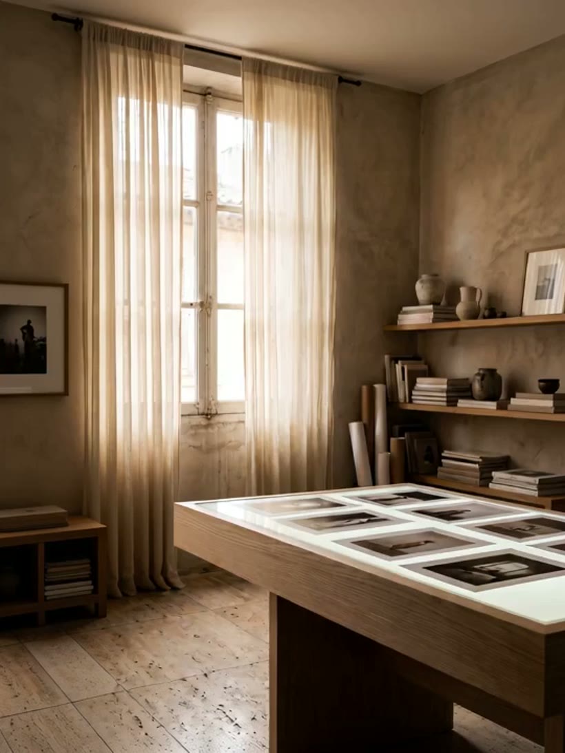 A quiet sunlit photography studio, soft daylight drifting across framed prints on a pale wall