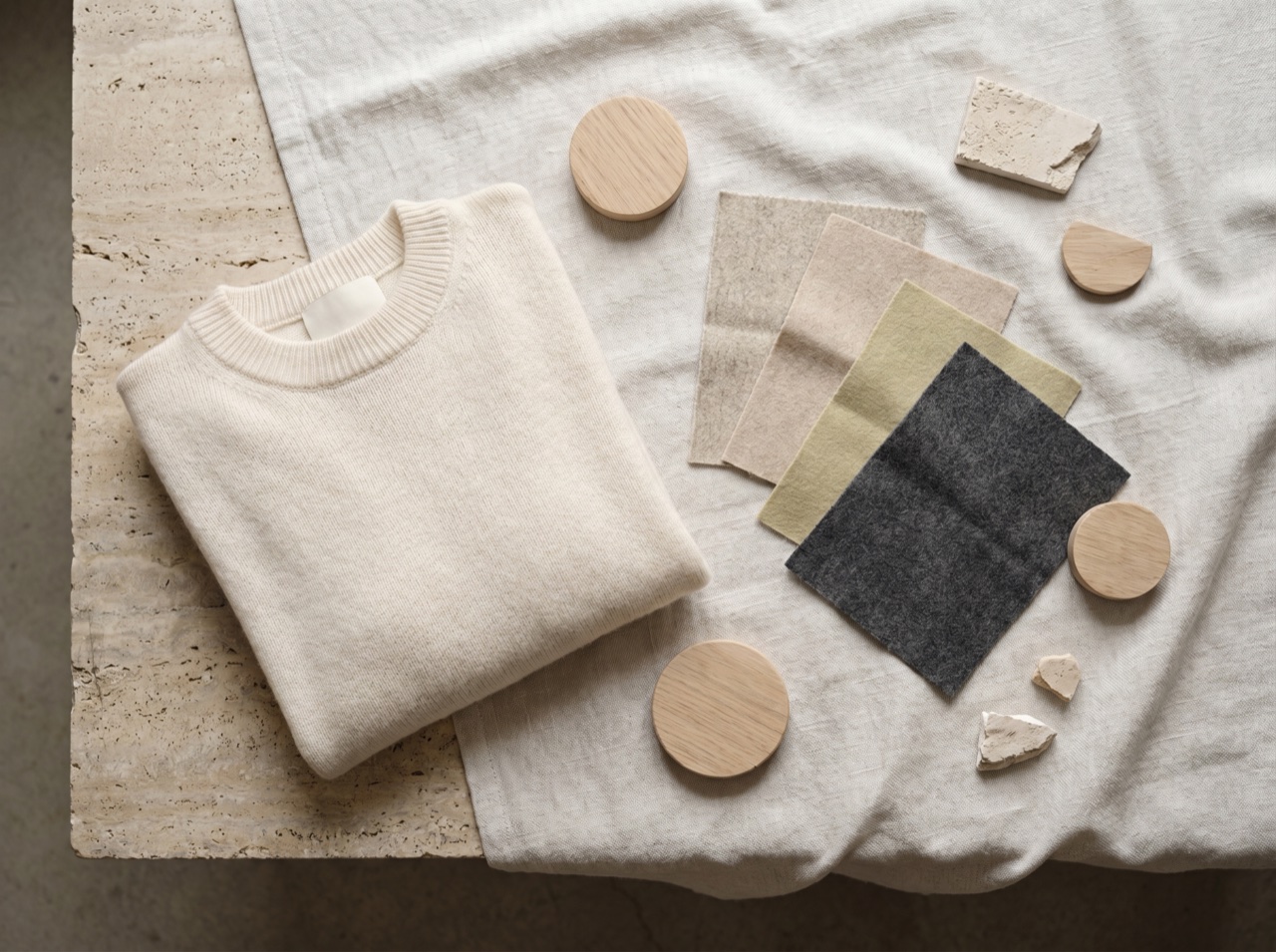 A neatly folded garment and fabric swatches on a linen surface