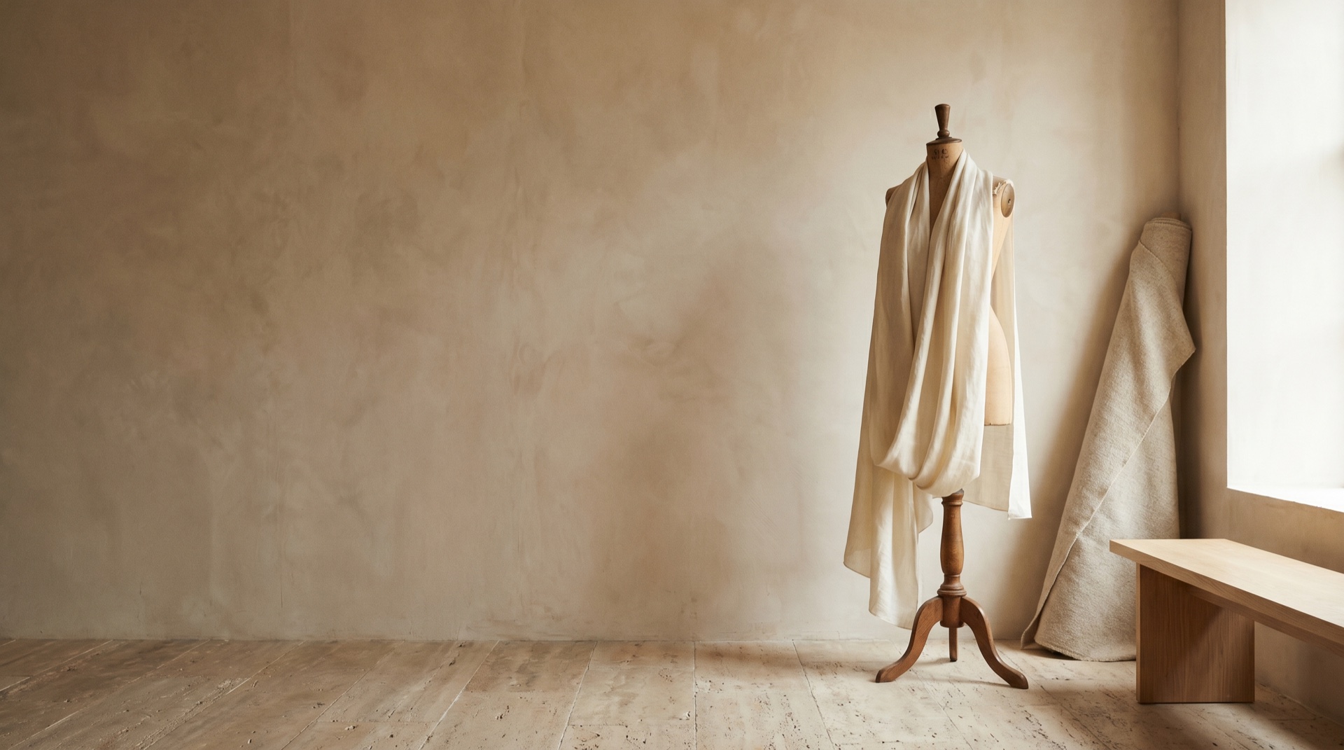 An editorial fashion studio with a draped garment in soft daylight