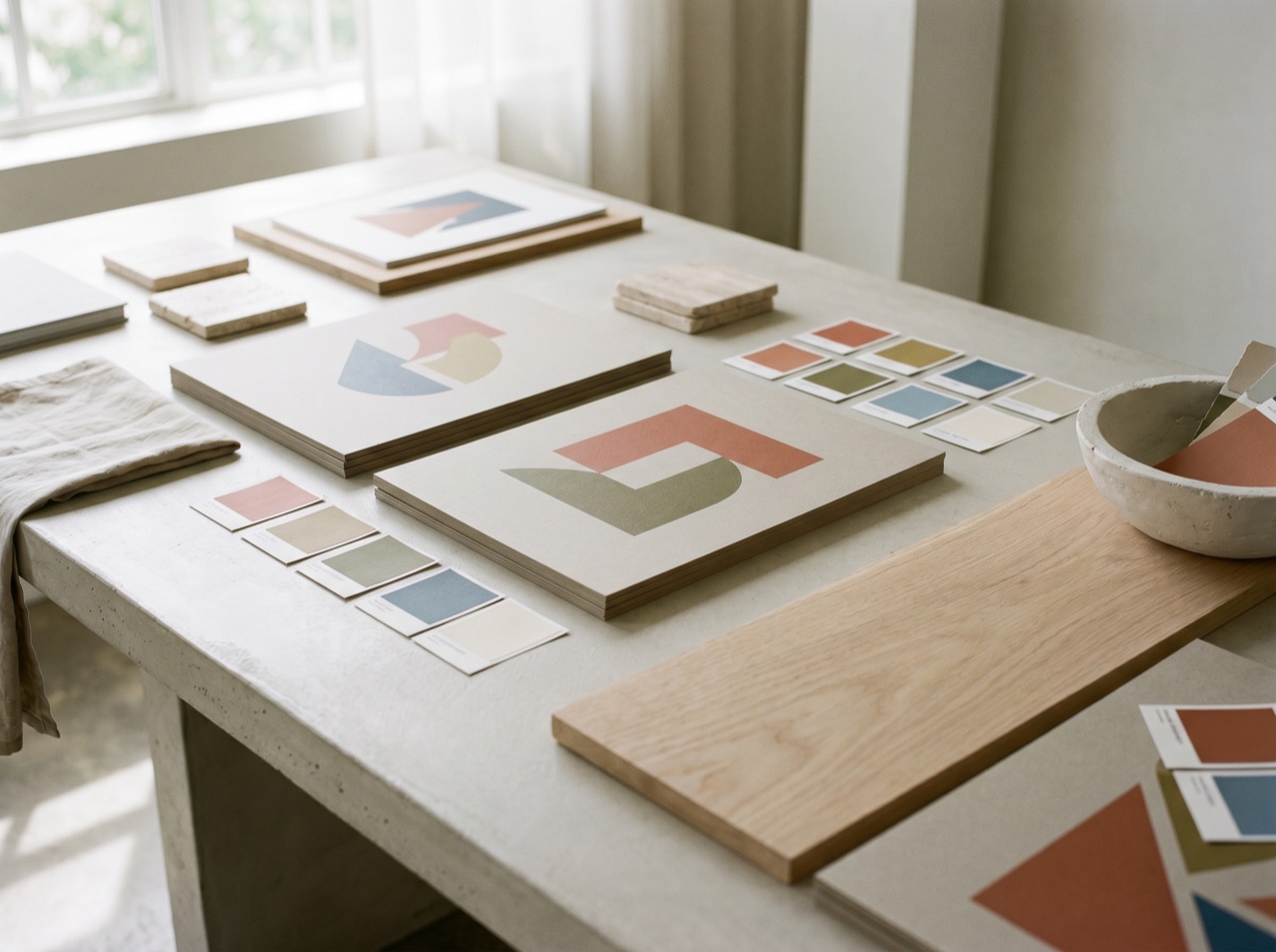 Printed boards with abstract graphic compositions on a clean pale table