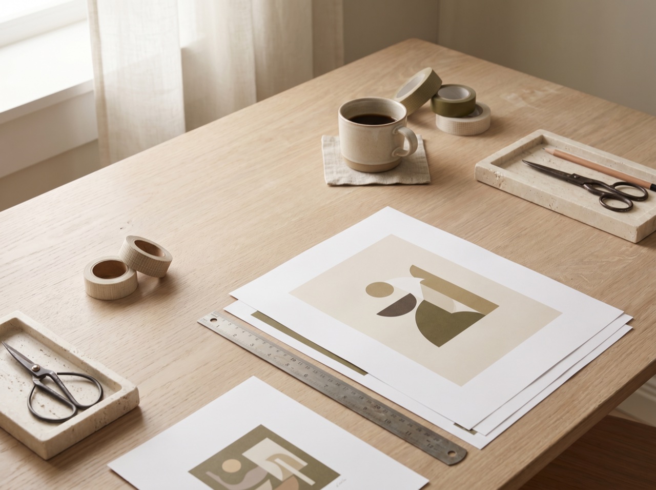 A designer's worktable with printed proofs and a ruler in soft daylight