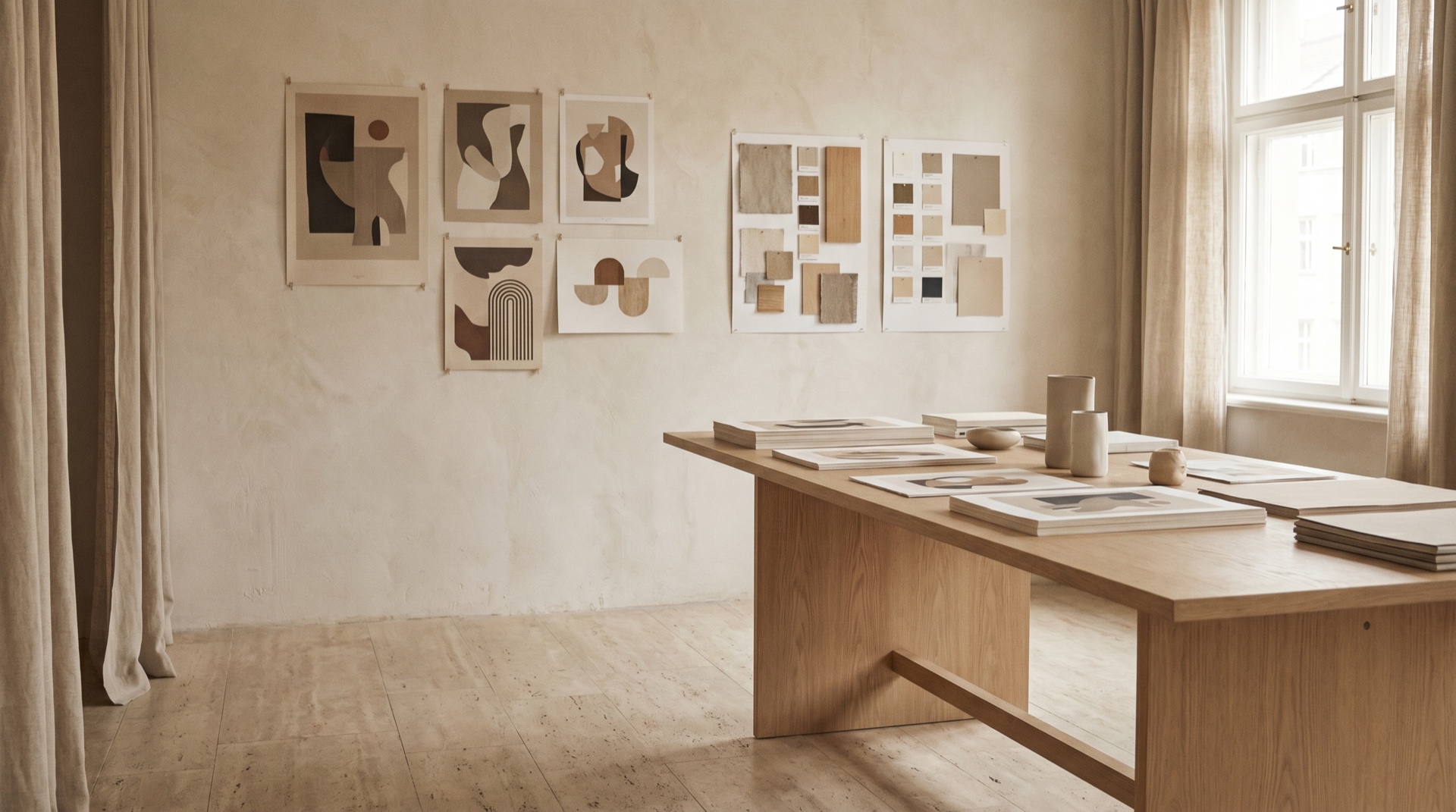 A minimal design studio with brand work pinned to a pale wall
