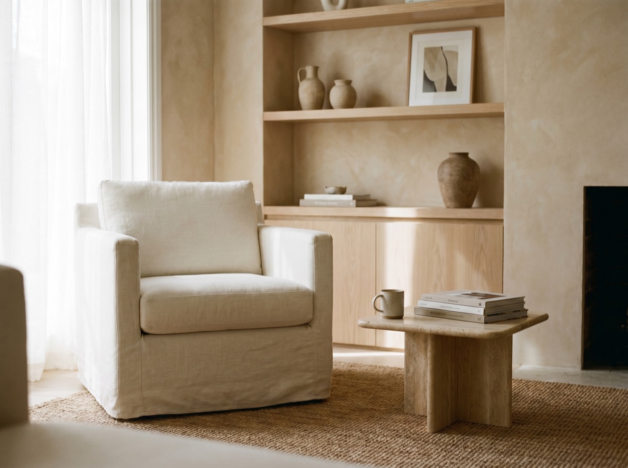 A composed living space in warm neutral tones and natural light
