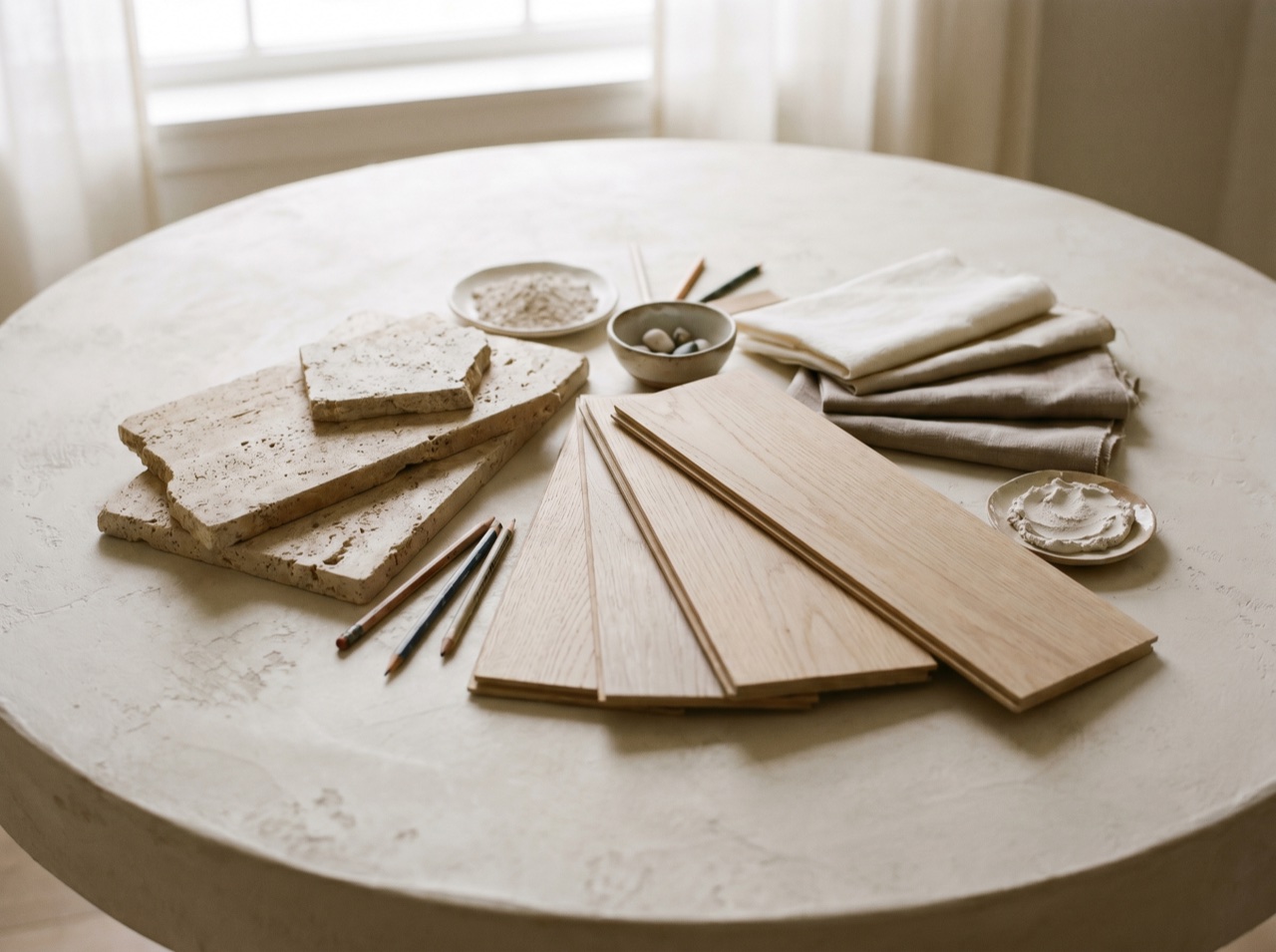 A material palette of stone, oak, and linen on a designer's table