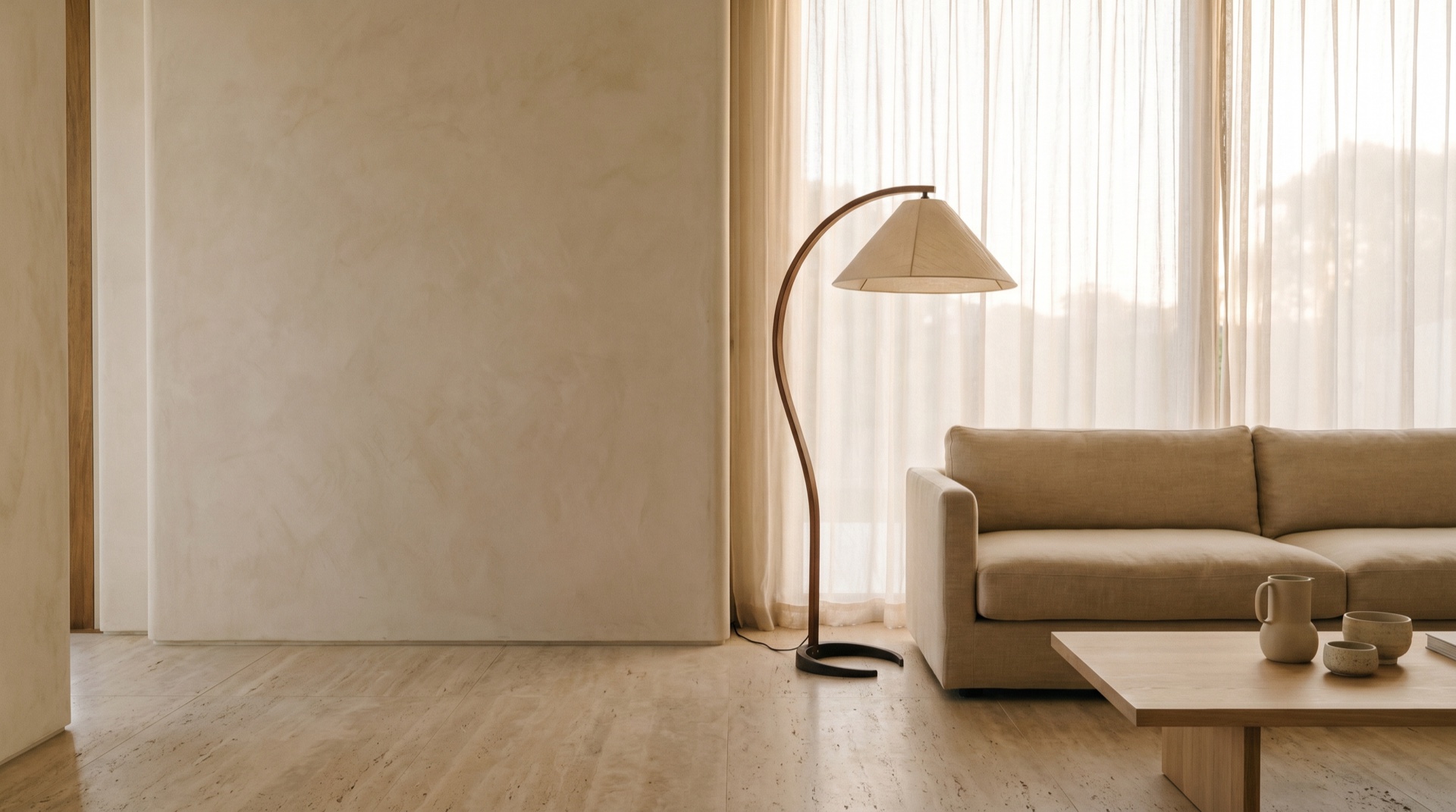 A calm designed interior in travertine and pale oak with soft daylight