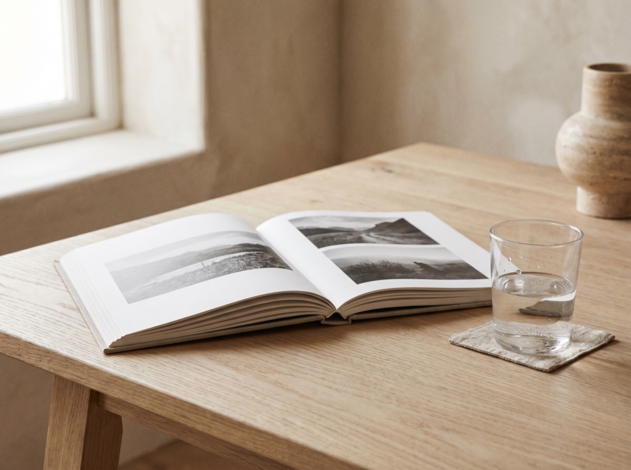 A photographer's printed monograph open on a pale oak table