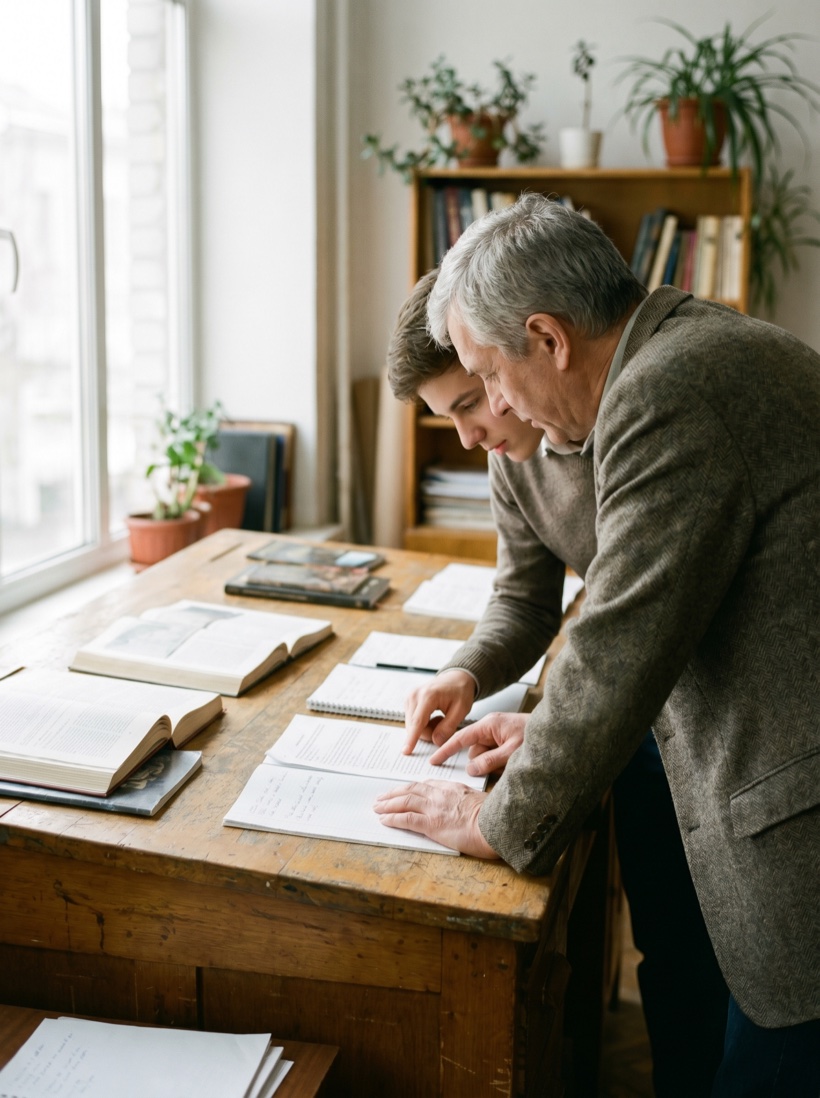 A mentor and a learner in focused conversation across a desk in warm daylight, attentive and human