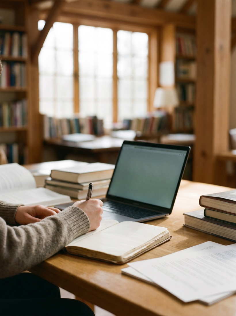 A focused learner at a sunlit desk with an open laptop and notebook, warm and considered, soft daylight