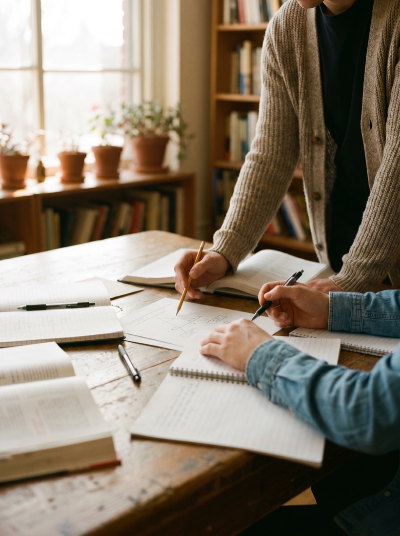 A tutor and student working one-on-one over shared notes at a sunlit table, focused and warm
