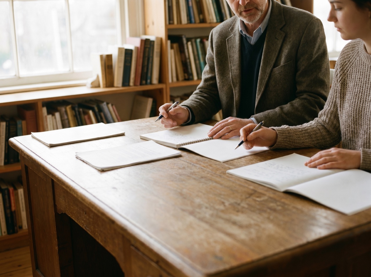 A mentor and learner in focused conversation at a desk