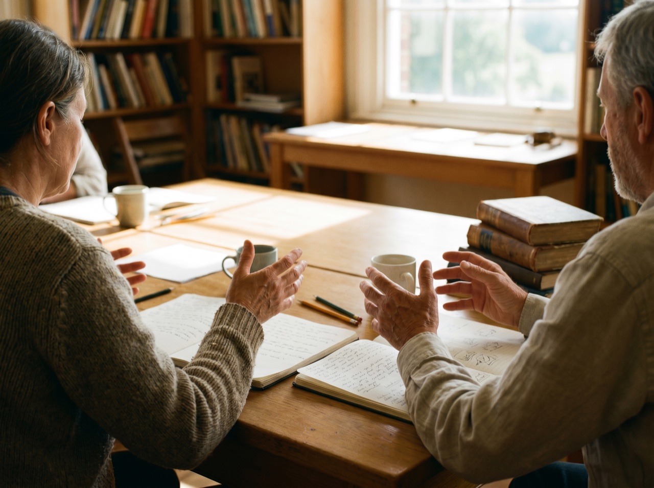 A mentor reviewing notes with a client in warm light