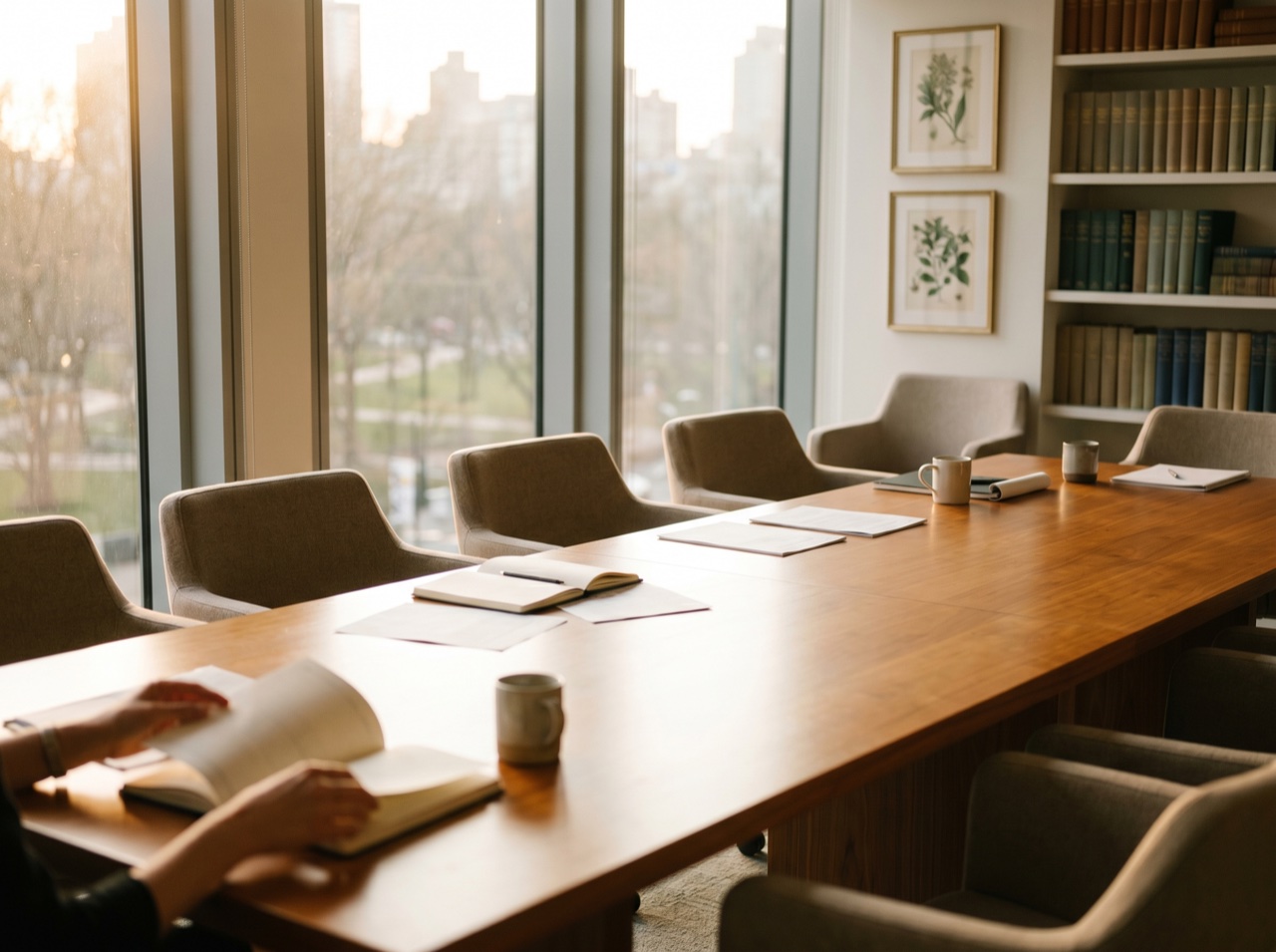 A bright corporate training space at golden hour