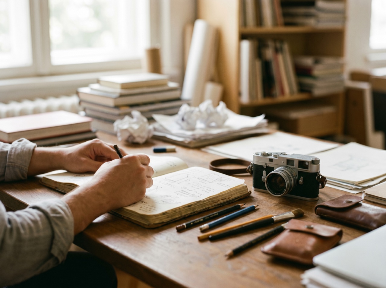 A close detail of a creator's tools and notes