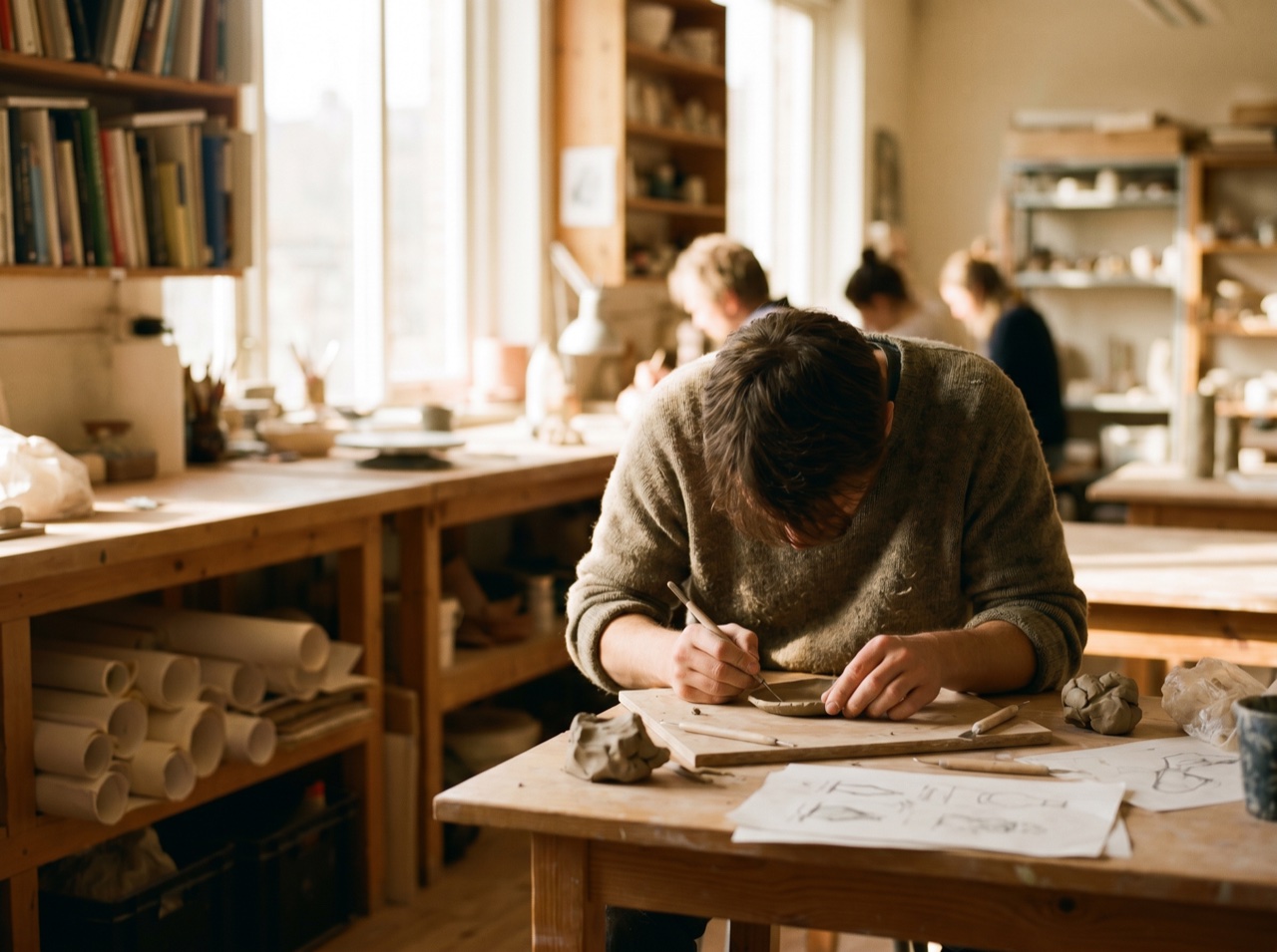 A creator at work on a project in warm directional light