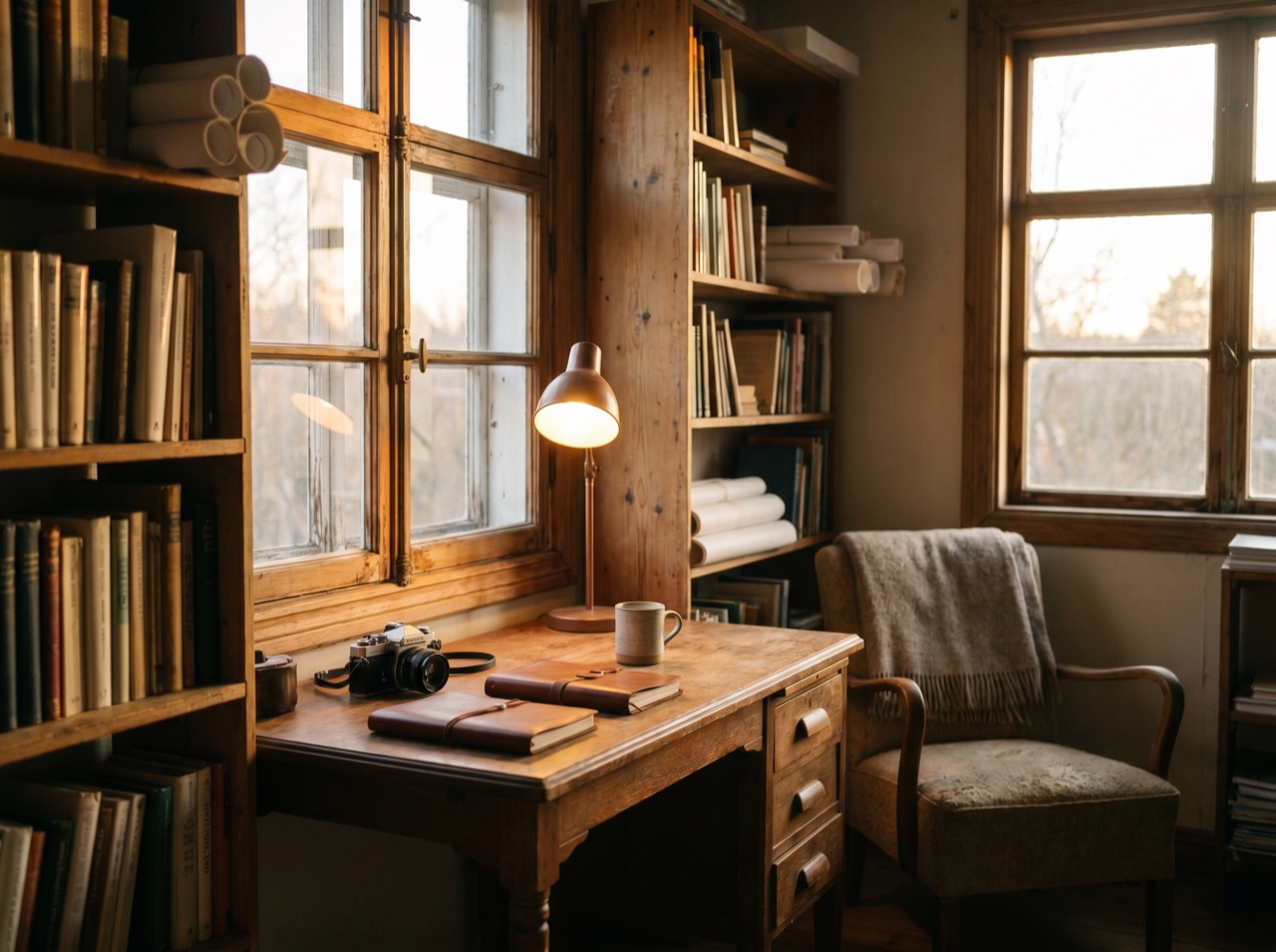 A creator's studio glowing warmly at golden hour