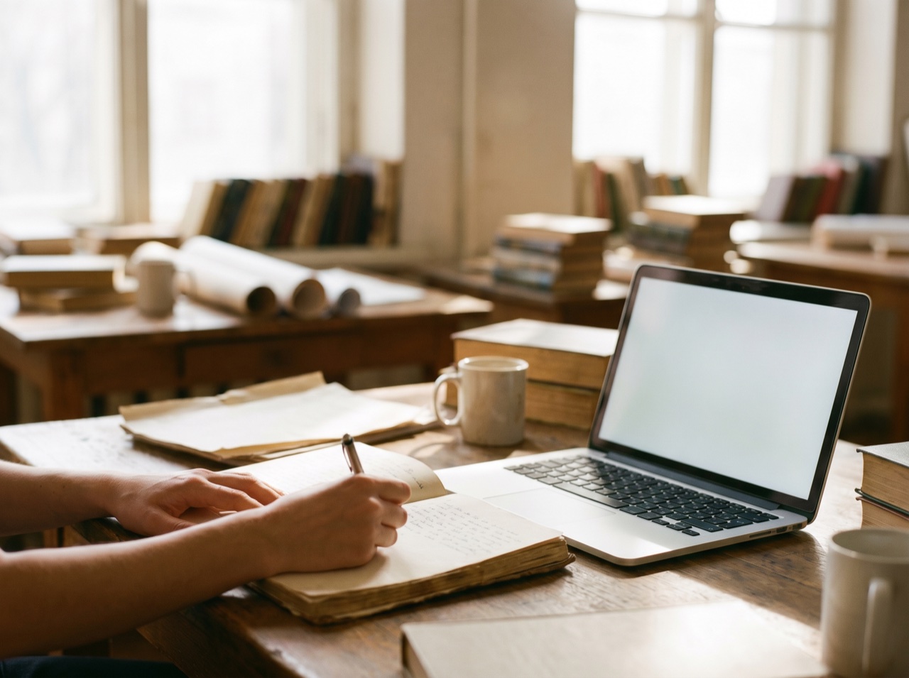 An open notebook and focused hands at a sunlit desk