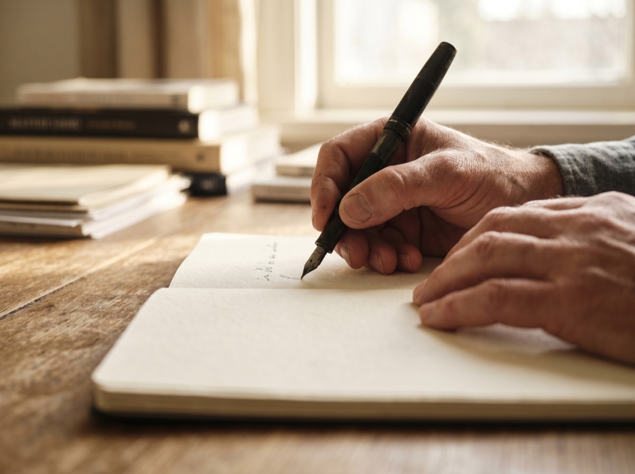 A close detail of hands writing notes in warm daylight