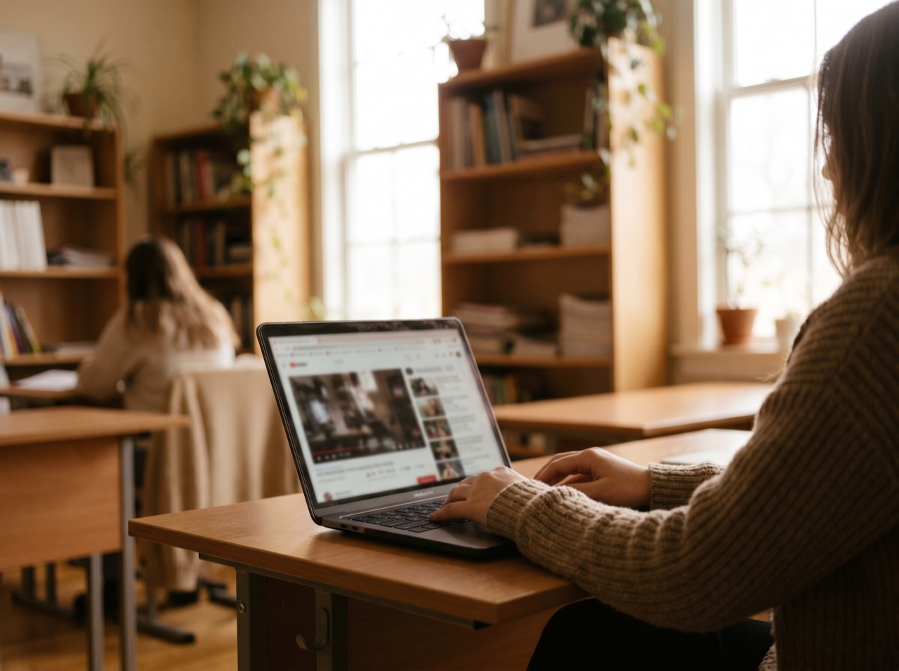 A learner watching a lesson on a laptop in soft light