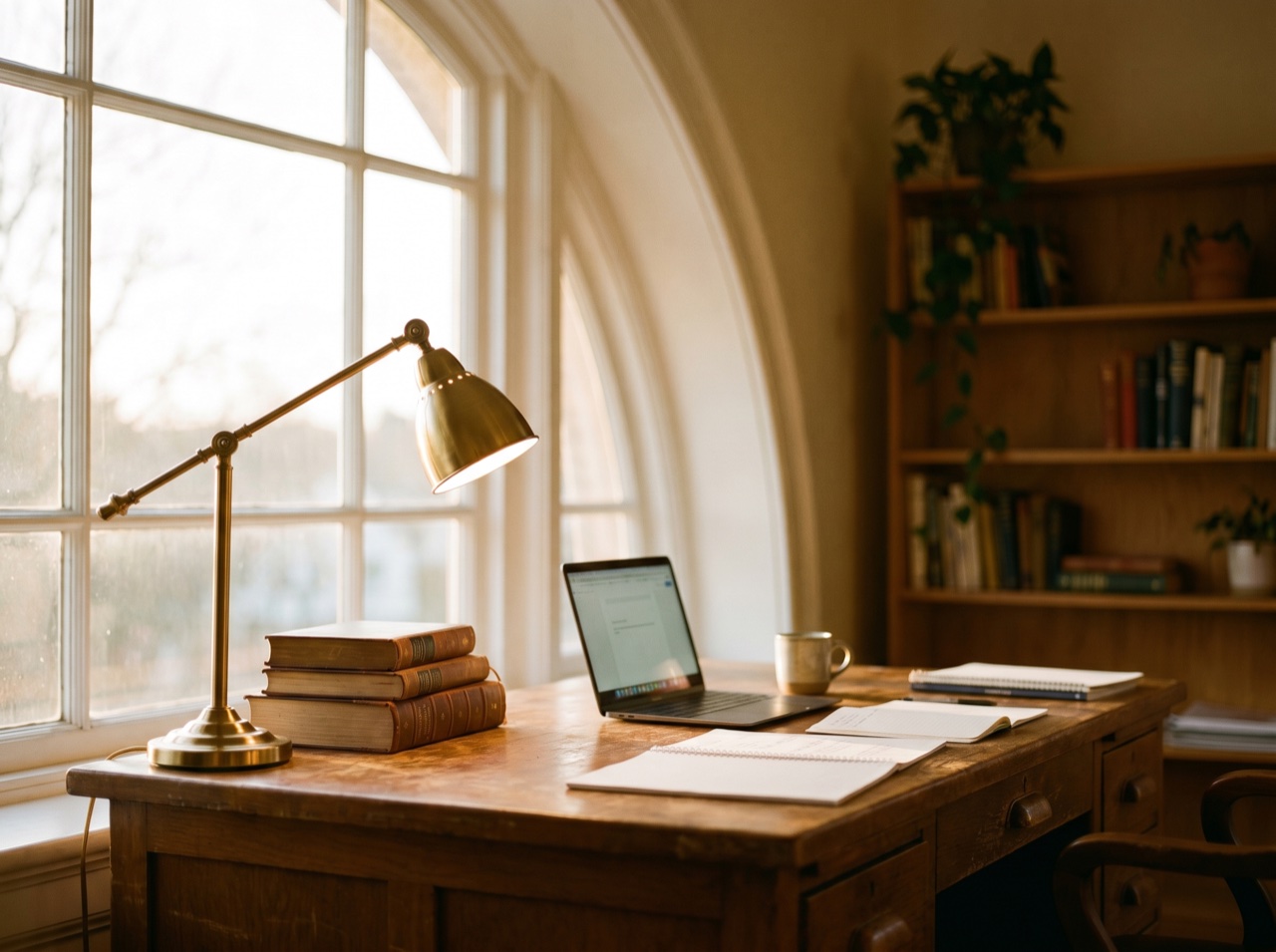 A bright study space at golden hour, books and a laptop