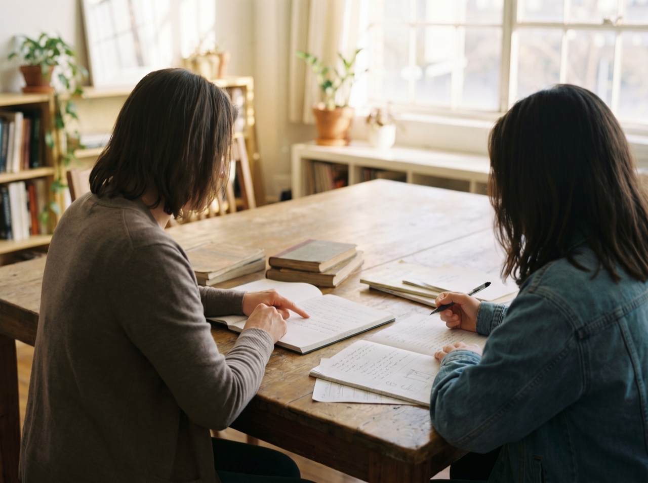 One-on-one tutoring over shared work in warm light