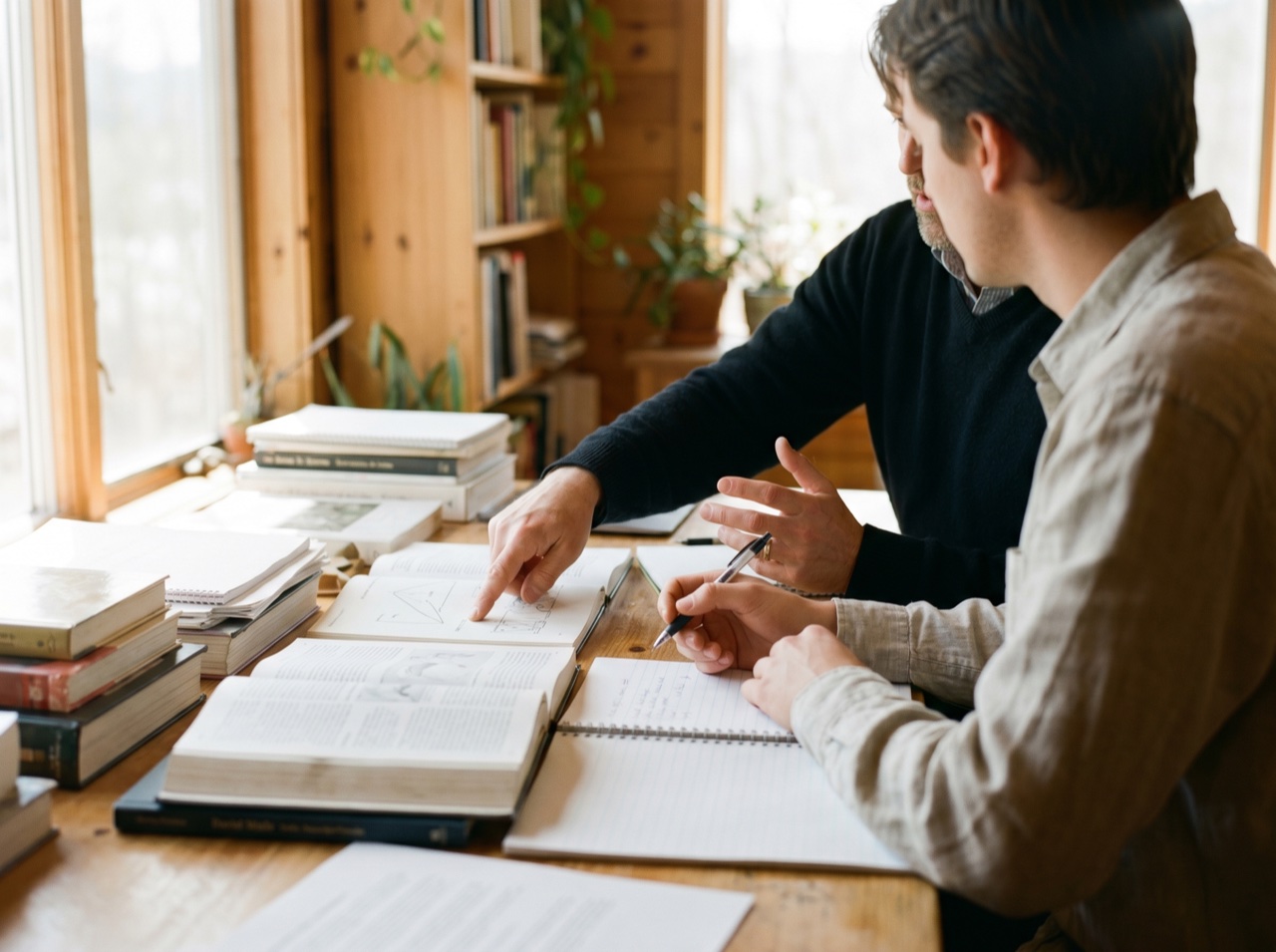 A tutor explaining a concept to a focused student