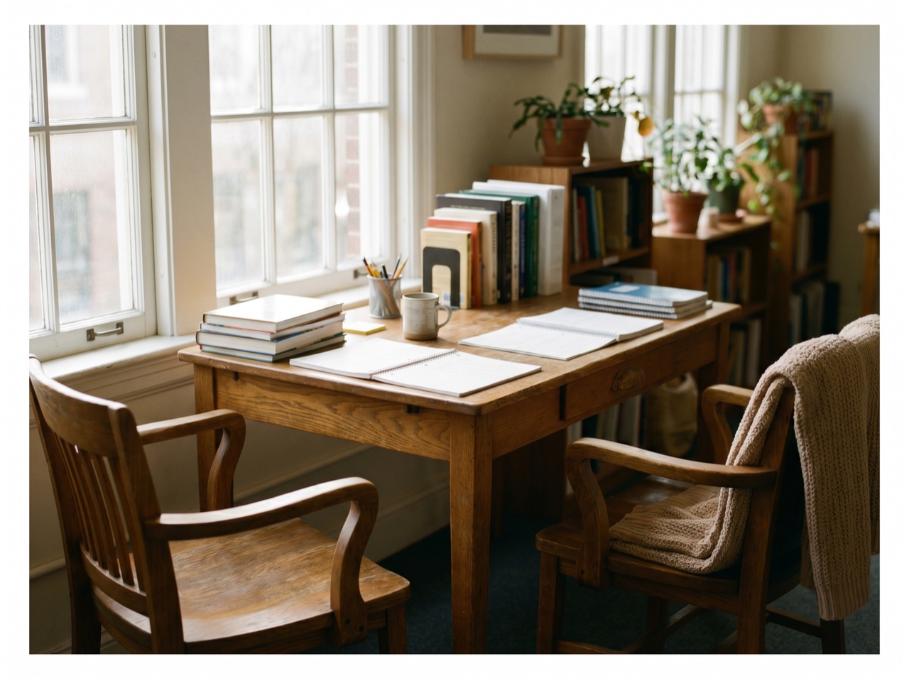 A calm, sunlit tutoring space ready for a session