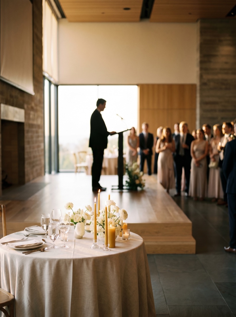 A modern conference stage in dramatic light — a single speaker, a vast attentive room, clean architectural lines