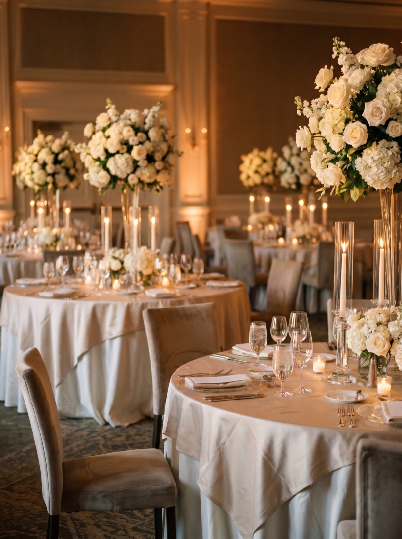 A black-tie gala ballroom in low golden light — round tables, candelabra, the hush before a formal evening begins